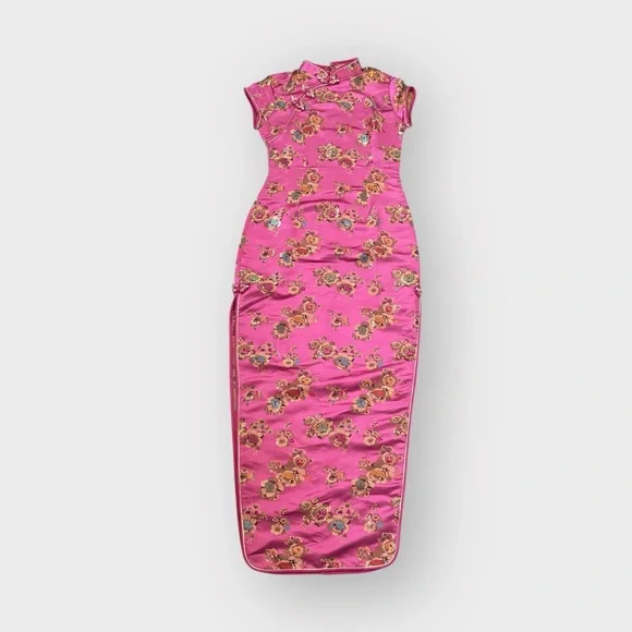 Dresses | Pink Fuchsia Gold Floral Flowers Silky Satin High Slit Qipao Chinese  Dress | Poshmark